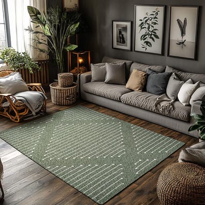 Donker Groen Geometrisch Bohemien Vloerkleed, Wit Lijnpatroon Antislip Tapijt, Natuurlijke Woonkamer Mat voor Gezellige Huisdecoratie 60*90cm
