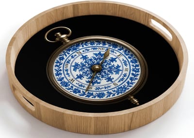 Dienblad rond 40x40 cm - Schootdienblad hout - Kompas - Delfts blauw - Zwart - Borrelplank rechthoek - Plateau houten dienbladen