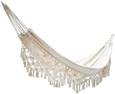 Dubbele Hangmat - Schommelstoel Hangstoel - Ontspannen Buiten - Macramé Rand - 200 x 150 cm - Naturel