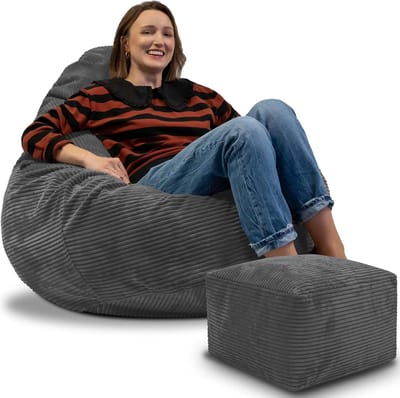 DreamRoots Zitzak voor Volwassenen of Kinderen – Corduroy Beanbag met Voetsteun en Afneembare Hoes – Inclusief Vulling – 90x90x100 cm – Granite Gray