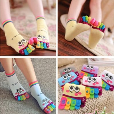 Dames teensokken - 3 paar - teen sokken - toe socks - leuke print smile met ogen - - paars - geel - roze - mix - 35 - 40 - cadeau - voor haar - sport - yoga