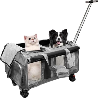 Draagtas voor 2 Katten of Honden met 2 Compartimenten, 4 Wielen en Uittrekbare Handgreep, Vouwbare Grote Dierentas tot 20kg, Perfect voor Dierenartsbezoeken en Autoreizen