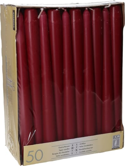 Conpax Candles Dinerkaarsen/kandelaar kaarsen Mega Pack - 50x stuks - donker rood - 25 cm - Tafelkaarsen