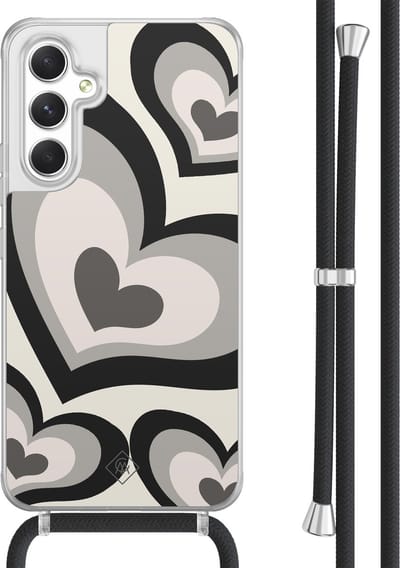 Casimoda® hoesje met koord - Geschikt voor Samsung A54 - Hart Swirl Zwart - Afneembaar koord - TPU/acryl - Zwart
