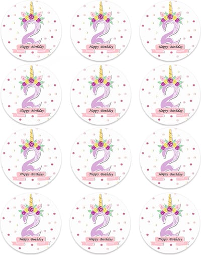 DW4Trading Sticker Happy Birthday Eenhoorn 2 Jaar - Ø 4,5 cm - 12 Stuks - Paars
