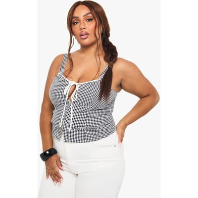 boohoo Dames Plus Top met Strik aan de Voorzijde in Gingham | Zwart | Maat: 46