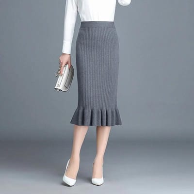 Gebreide Rok voor Dames Winter Midilengte Wollen Rok met Ruchesranden en Fishtail Rok M grijs