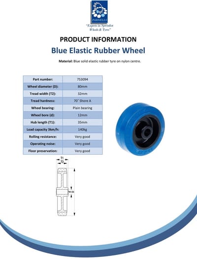Wiel van 80 mm met blauw elastisch rubber op een nylon kern
