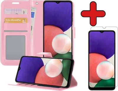 Hoesje - Met Screenprotector - Geschikt voor Samsung Galaxy M22 - Luxe Pasjeshouder - Flipcase - Bookcase Portemonee - Flip Case - Kunstleer Book Case - Book Cover - Walletcase - Portemonneehoes - Telefoonhoes - Lichtroze