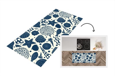 Keukenloper - Loper keuken - Schelpen - Strand - Blauw - Patroon - 120x50 cm - Keukenloper vinyl