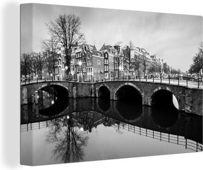 Canvas schilderij 150x100 cm - Wanddecoratie Keizersgracht Amsterdam - zwart wit - Muurdecoratie woonkamer - Slaapkamer decoratie - Kamer accessoires - Schilderijen