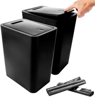 PromoHome 2 stuks 12,5 liter vuilnisemmer set met pop-up deksel en vuilniszakken - Zwarte smalle afvalbak voor keuken, badkamer, kantoor en toilet