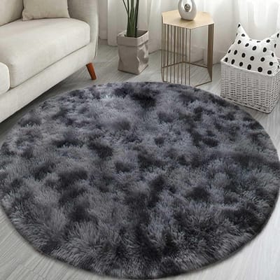 Famanu – Rond hoogpolig shaggy tapijt antislip modern design 80 cm zwart grijs