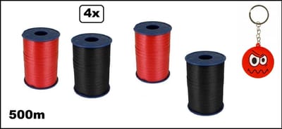 4x Krullint rood/zwart 5mmx500meter + sleutelhanger smiley| merk Cotton blue |krullint | krul lint kerst thema feest decoratie kado krul lint.