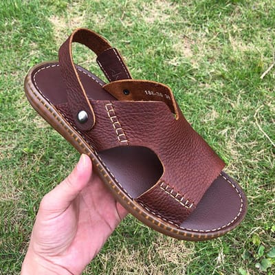 Taille américaine hommes diapositives chaussures Lichee Grain en cuir véritable sandales décontractées été chaussures de plein air Mature 10 marron