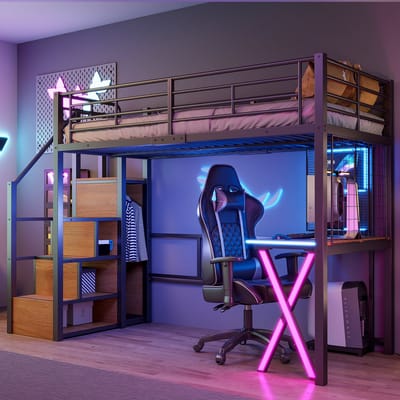 mezzanine bed - 90x200cm - met LED-verlichting - opbergladder - bureau - kledingkast - planken - zonder matras - zwart