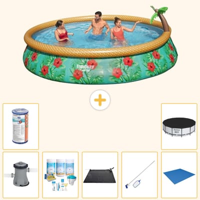 Bestway Rond Opblaasbaar Fast Set Zwembad - Paradijsprint - 457 x 84 cm - Inclusief Pomp - Onderhoudspakket - Solar Mat - Schoonmaakset - Grondzeil - Filter - Afdekzeil - 8-delig