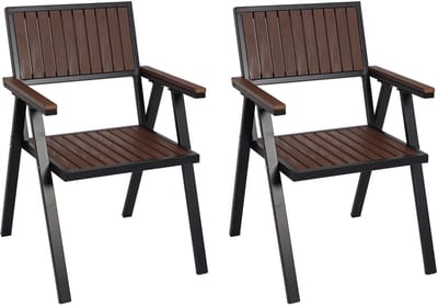 Set van 2 tuinstoelen MCW-J95, balkonstoel Stoel, coating voor buiten, aluminium houtlook ~ frame zwart, donkerbruin