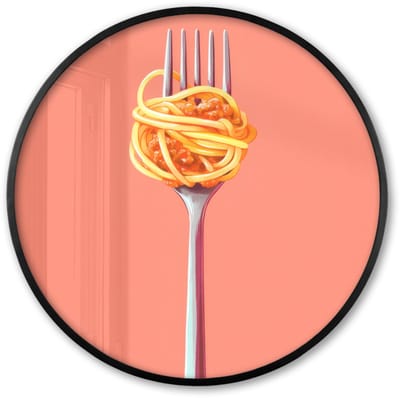 Poster in lijst Rond - Fotolijst 60x60 cm - Posters - Vork - Spaghetti - Artistiek - Roze - Ronde posterlijst zwart - Decoratie - Wanddecoratie woonkamer - Muurdecoratie slaapkamer