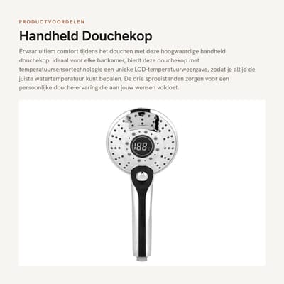 Dailygoods - Handheld Douchekop - Temperatuursensortechnologie - LCD-Weergave - 3 Sproeistanden - Ergonomisch Ontwerp - Geschikt voor Badkamer - LED-L...
