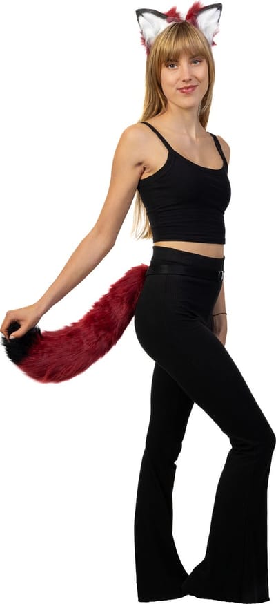 KIMU® Haarband Furry Oren & Staart Set Donkerrood Zwart - Kat Poes Vos Diadeem Dons Dieren Rood - Dierenoren Oor Oortjes Lynx Hond Wolf Haren Festival