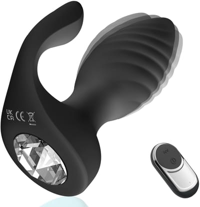 Oneay Anale plug met afstandsbediening, 2-in-1 vibrator en clitorisstimulator, 10 standen, dubbele motoren, kristallen diamant, voor vrouwen - Zwart