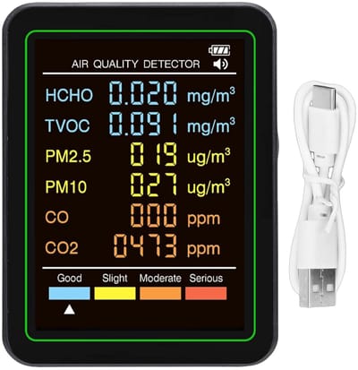 Luchtkwaliteitsmonitor - Luchttester - Binnenlucht Meten - 6-in-1 Detectie - 14 x 9 x 5 cm - Zwart