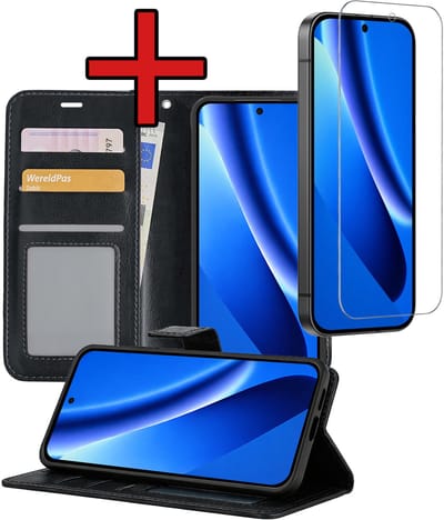 Hoesje - Met Screenprotector - Geschikt voor Google Pixel 10a - Luxe Pasjeshouder - Flipcase - Bookcase Portemonee - Flip Case - Kunstleer Book Case - Book Cover - Walletcase - Portemonneehoes - Telefoonhoes - Zwart