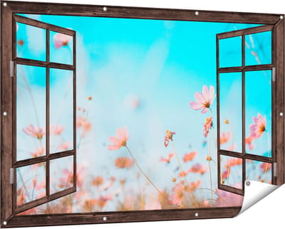 Gards Tuinposter Doorkijk Paarse Kosmos Bloemen - 150x100 cm - Tuindoek - Tuindecoratie - Wanddecoratie buiten - Tuinschilderij