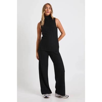boohoo Dames Zachte Gebreide Longline Col Mouwloze Trui en Wijde Pijpen Broek Co-Ord | Black | Maat: Medium