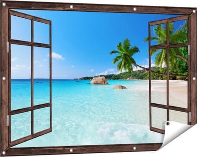 Gards Tuinposter Doorkijk Tropisch Strand en Zee - 120x80 cm - Tuindoek - Tuindecoratie - Wanddecoratie buiten - Tuinschilderij