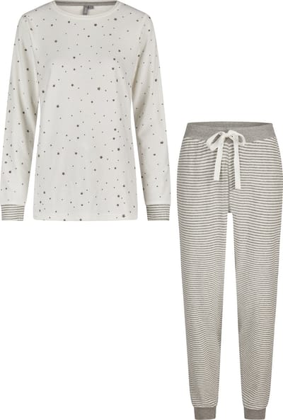 By Louise Dames Winter Pyjama Set Lang Badstof Sterren Wit - Maat XL