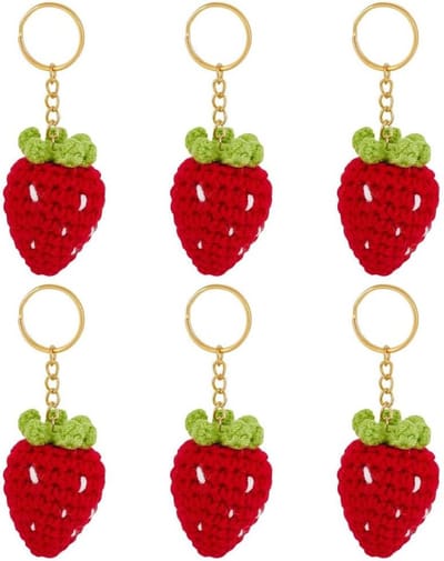 Ronte - Gehaakte pluche sleutelhangers set van 6 stuks met aardbei design, handgemaakt van wol | Decoratief fruit accessoire met ijzeren splitringen - Amigurumi | Sleutelhanger voor ...