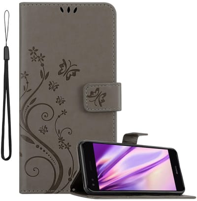 Cadorabo Hoesje geschikt voor Huawei Y6 PRO 2017 in BLOEMEN GRIJS - Beschermhoes in bloemmotief met magnetische sluiting, standfunctie en kaartsleuven Book Case Cover Etui