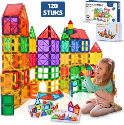 GOUDHARD® Magna Tiles Travel Set - Magnetic Tiles Travel – Magnetisch Speelgoed – 120 Stuks – Educatief Speelgoed – Inclusief handleiding – Magnetische Tegels – Bouwstenen - Magnetische - Inclusief 3 Opbergdoosjes - Mini Magnetic Tiles