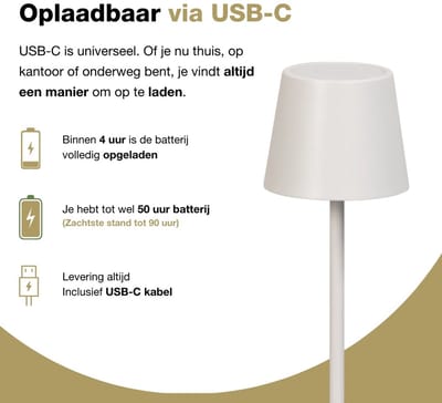 GAEVE - Tafellamp oplaadbaar - Zand Wit - Draadloos en Dimbaar - 27,5cm hoog - 3 lichtkleuren - Elke lichtkleur is dimbaar - Geschikt voor binnen en buiten - Nachtlamp - Waterdicht