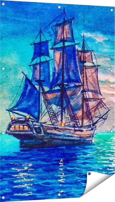 Gards Tuinposter Oude Piratenschip Zeilboot Getekend - 80x120 cm - Tuindoek - Tuindecoratie - Wanddecoratie buiten - Tuinschilderij