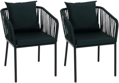 Set van 2 tuinstoelen MCW-N41, outdoor armleuning, weerbestendig aluminium touwvlechtwerk ~ donkergroen, kussens donkergroen