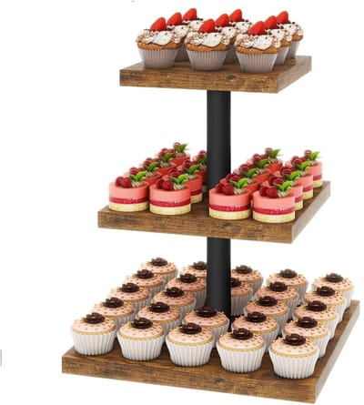 Dailygoods- Cupcake Stand Drielaags - Houten Etagere - Vierkante Displaystandaard - Taartdessert Houder - Geschikt voor 57 Cupcakes - Duurzame Constructie - Dessertstandaard