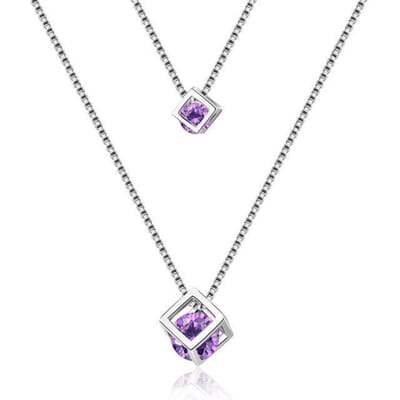 Véritable Argent Sterling 925 Double Couche Cristal Charme Carré Pendentif Collier Pour Femmes Mariage Bijoux Romantiques Ras du Cou Collier violet