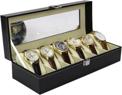 Luxe Horloge Doos – Opbergdoos – 6 Vakken Horlogedoos - Sieradendoos – Kist - Verwijderbare Kussens – Watch Box – Leder – Leer – Zwart - Beige