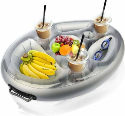 Grijze opblaasbare drijvende drankhouder – een dienblad met 8 gaten voor drankjes en snacks, perfect voor gebruik in zwembaden, jacuzzi's en op het strand.