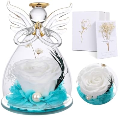 Eeuwige Roos Engel - Gedroogde Bloemen - Cadeau Geven - Handgemaakt Glasfiguur - 8 x 8 x 2 cm - Wit