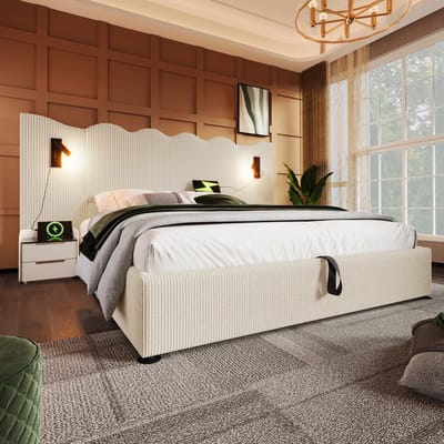 Wishdor – Tweepersoonsbed 180x200 cm – Draaibare Leeslamp & USB-C – Hydraulische Opbergruimte – Ribfluweel Beige-Wit – 226 kg