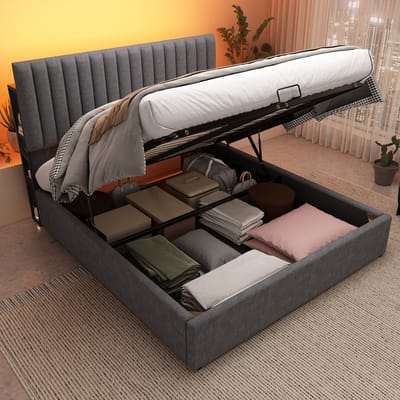Wishdor Gestoffeerd Bed 140x200 cm – LED-Hoofdbord met App – USB en Type-C – Verstelbaar Hoofdbord – Inclusief Matras – Linnen – Grijs