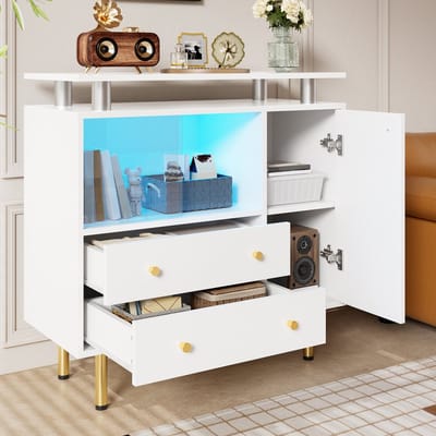 OKWISH Dressoir Met Ledverlichting – 80x35x80 Cm – 2 Glazen Schuifdeuren 2 Laden 1 Deur – Opbergruimte Voor Woonkamer Hal Of Eetkamer – Wit