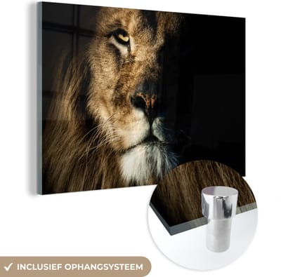 Glasschilderij leeuw - Dieren - Portret - Zwart - Glazen decoratie - Glasplaat - Woonkamer decoratie - Muurdecoratie glas - 120x80 cm - Foto op glas - Schilderij glas - Glasschilderijen