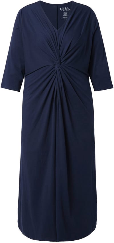 Ulla Popken - Dames - Maxi-jurk gedrapeerd A-lijn V-hals 3/4-mouwen - Marine - Maat 66+