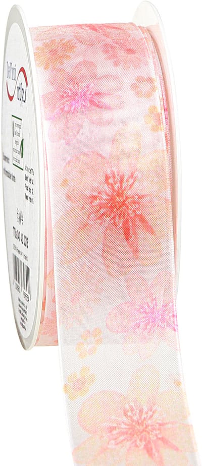 Organzalint met bloemen cadeaulint abrikoos 40mm 15m