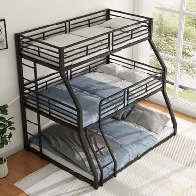 HAUSS SPOLE Driehoogslaper 90x200cm - Stabiel Stalen Frame - Met Hoge Relingen & Wisselbare Ladder - Ruimtebesparend Voor Gezinnen - Metaal - Zwart - Zonder matras